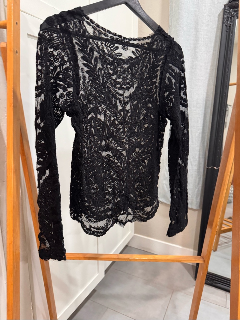 Black Lace Long-Sleeve Sheer Blouse